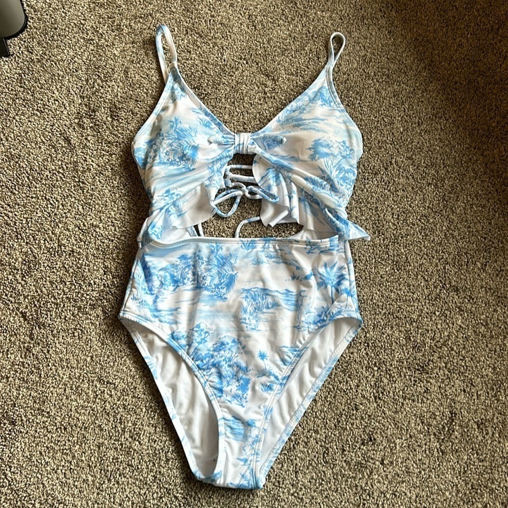 HURLEY | Tropical Palm Tree Blue Cutout One Piece Swimsuit size Med NEW 🆕